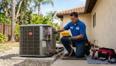 Professional AC repair technician servicing air conditioner unit in San Diego, CA