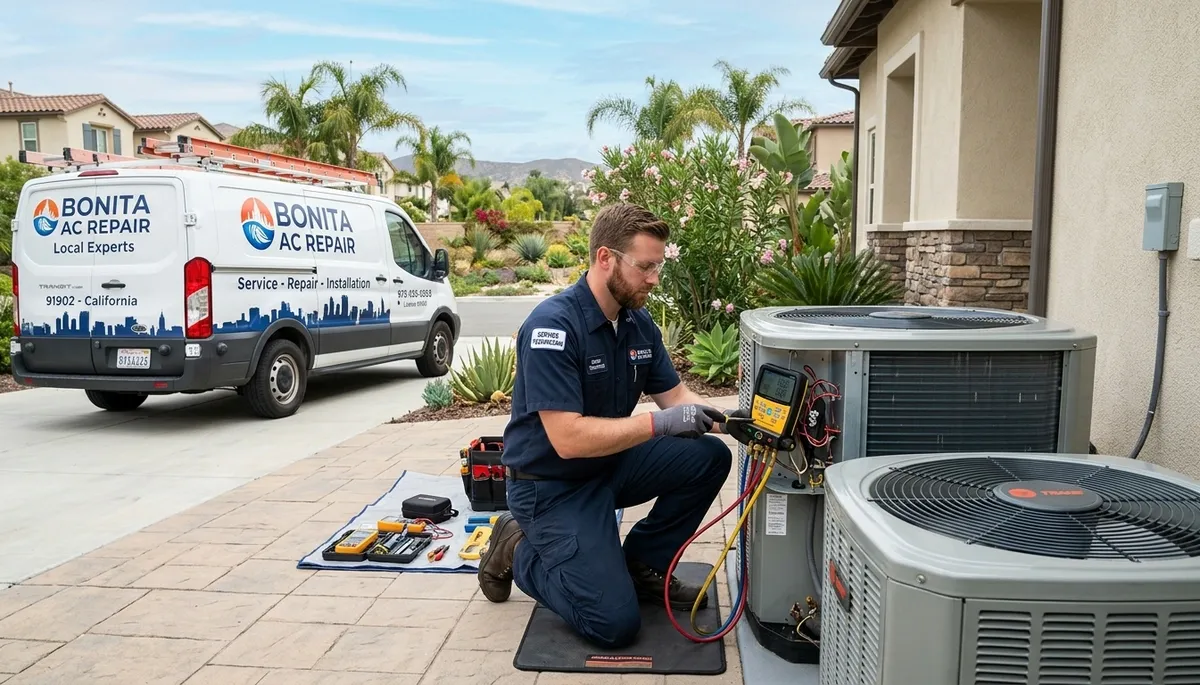 Professional AC repair technician servicing air conditioner unit in San Diego CA home