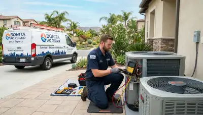 Professional AC repair technician servicing air conditioner unit in San Diego CA home