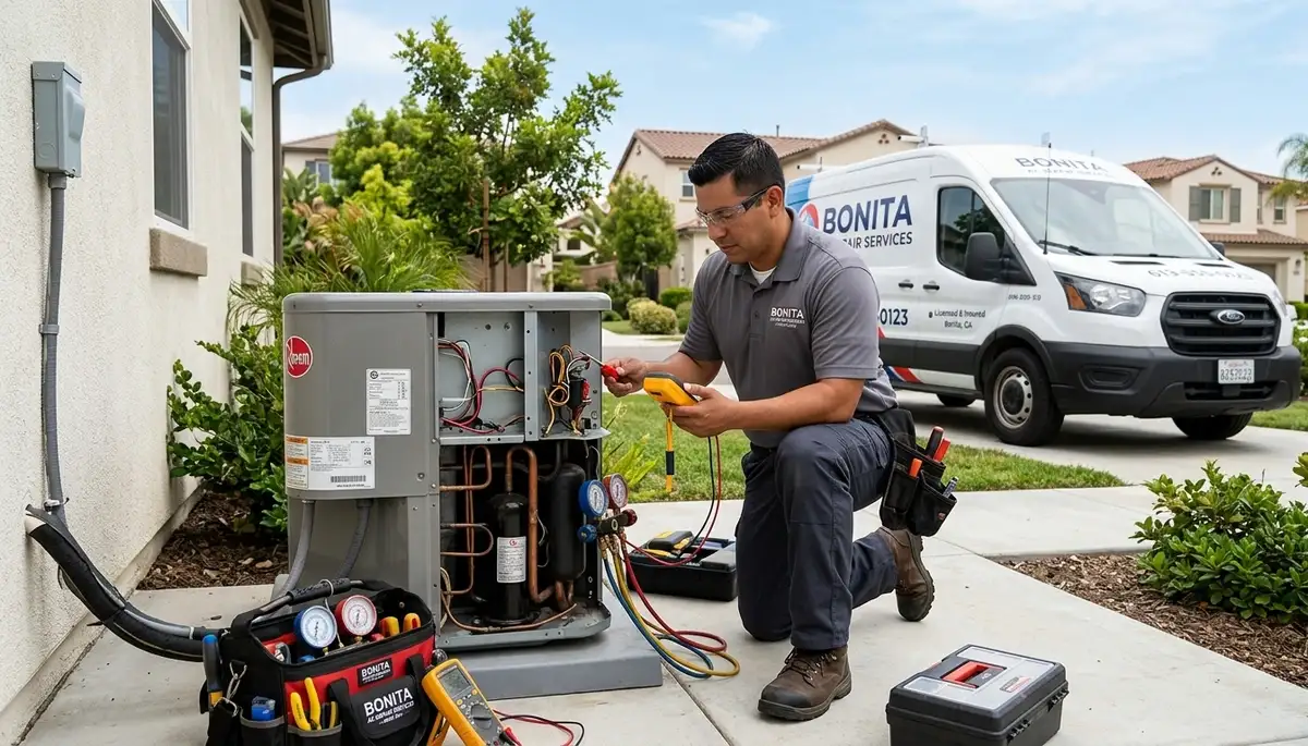 AC repair technician servicing air conditioner unit in San Diego, CA