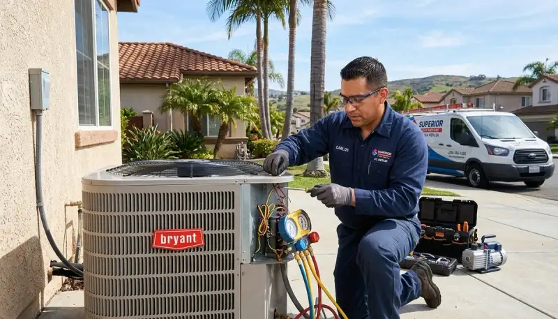 Professional AC repair technician servicing air conditioner unit in San Diego CA home