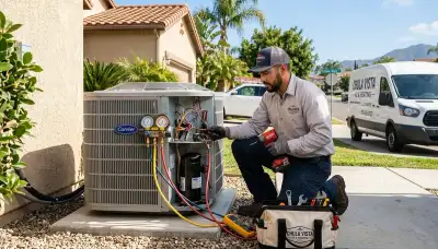 Professional AC repair technician servicing air conditioner in San Diego, CA home