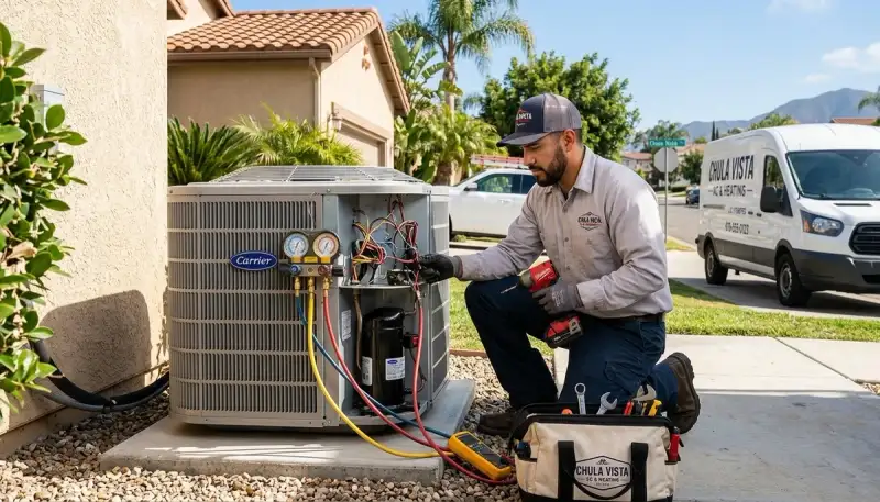 Professional AC repair technician servicing air conditioner in San Diego, CA home