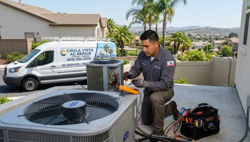 Professional AC repair technician servicing air conditioner unit in San Diego CA home