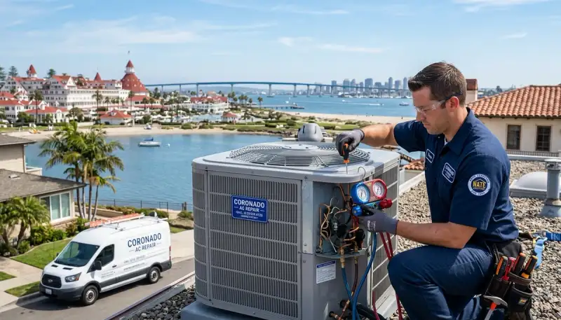 Professional AC repair technician servicing air conditioner in San Diego, CA