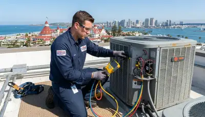 Professional AC repair technician servicing air conditioner unit in San Diego, CA