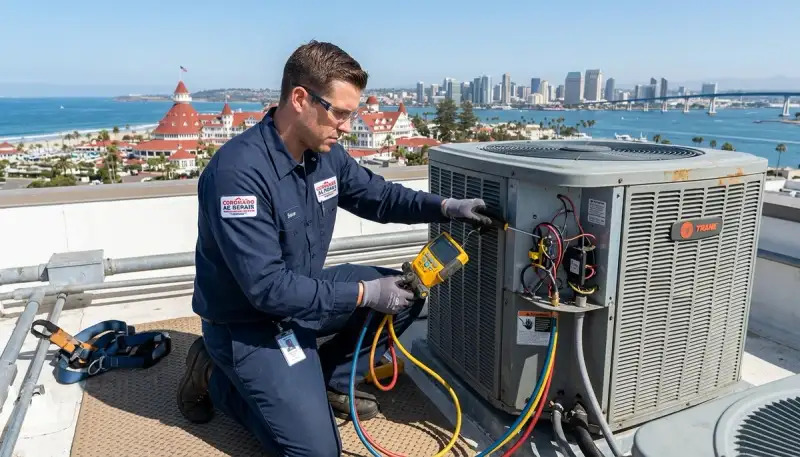 Professional AC repair technician servicing air conditioner unit in San Diego, CA