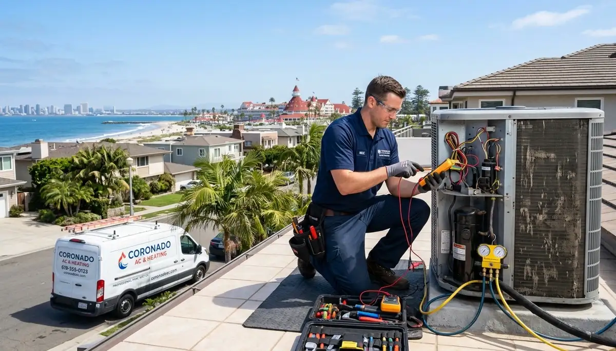Professional AC repair technician servicing air conditioner in San Diego CA home