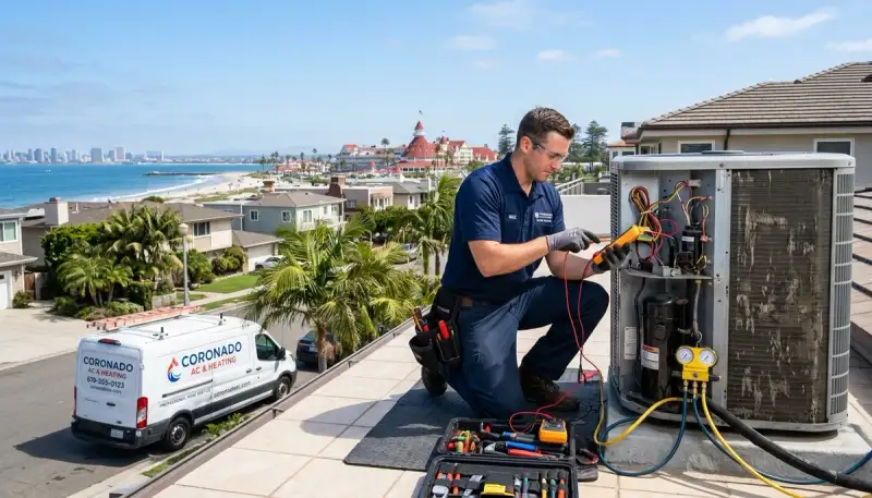 Professional AC repair technician servicing air conditioner in San Diego CA home