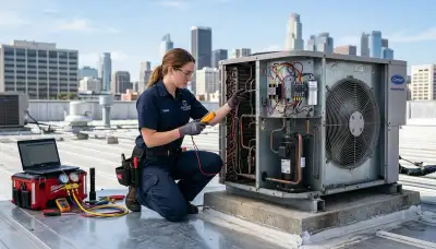 Technician performing AC repair service in San Diego, CA for home air conditioning system