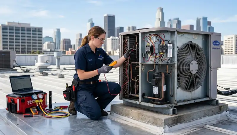 Technician performing AC repair service in San Diego, CA for home air conditioning system