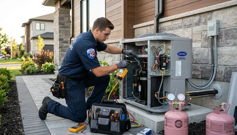 Technician repairing residential air conditioner unit in San Diego, CA for Five Star Cooling