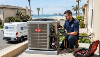 Professional AC repair technician servicing air conditioner in San Diego, CA home