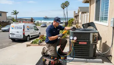 Professional AC repair technician servicing air conditioner unit in San Diego, CA