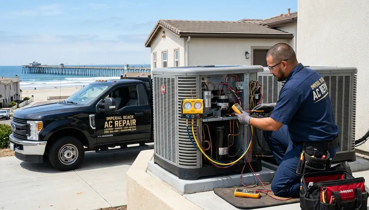 Professional AC repair technician servicing air conditioner in San Diego CA home