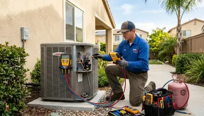 Professional AC repair technician servicing air conditioner in San Diego CA home