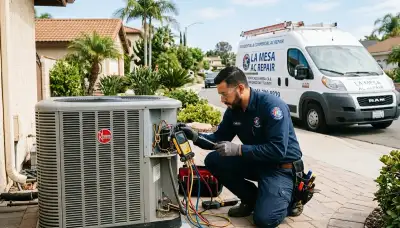Local AC repair technician servicing air conditioning unit in San Diego CA home