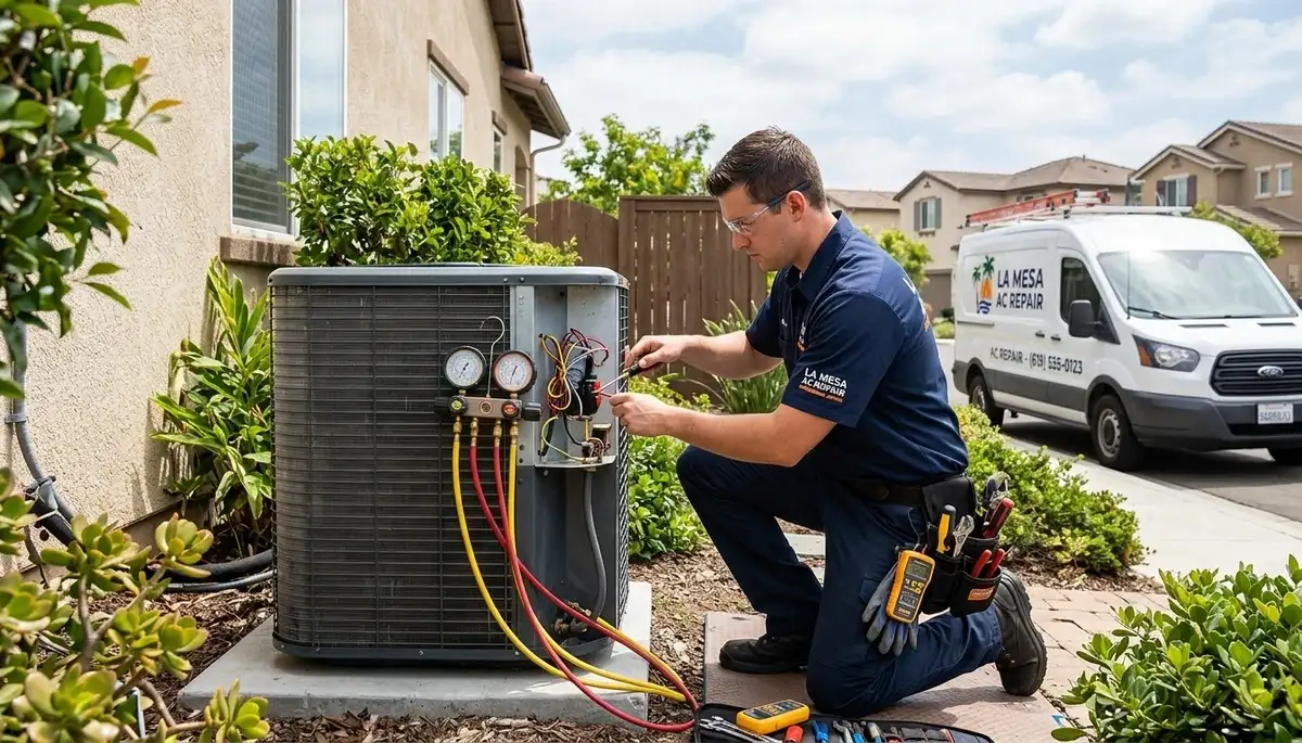 Professional AC repair technician servicing air conditioner unit in San Diego, CA home