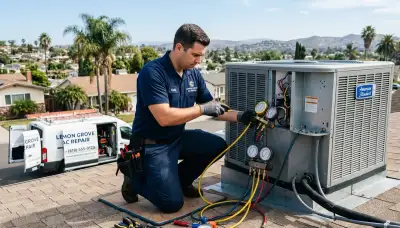 Professional AC repair technician servicing air conditioning unit in San Diego CA home