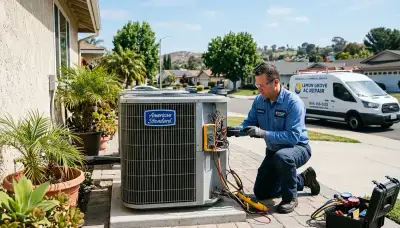 Professional AC repair technician servicing air conditioner in San Diego, CA home