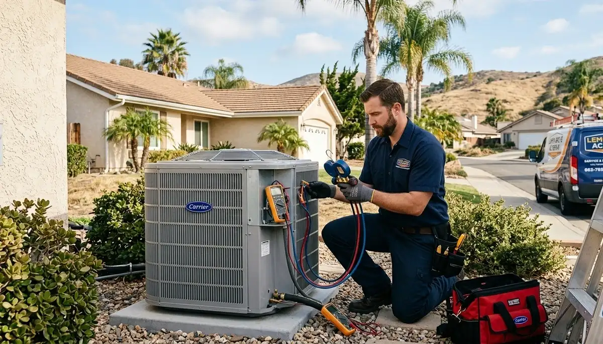 Professional AC repair technician servicing air conditioner in San Diego CA home