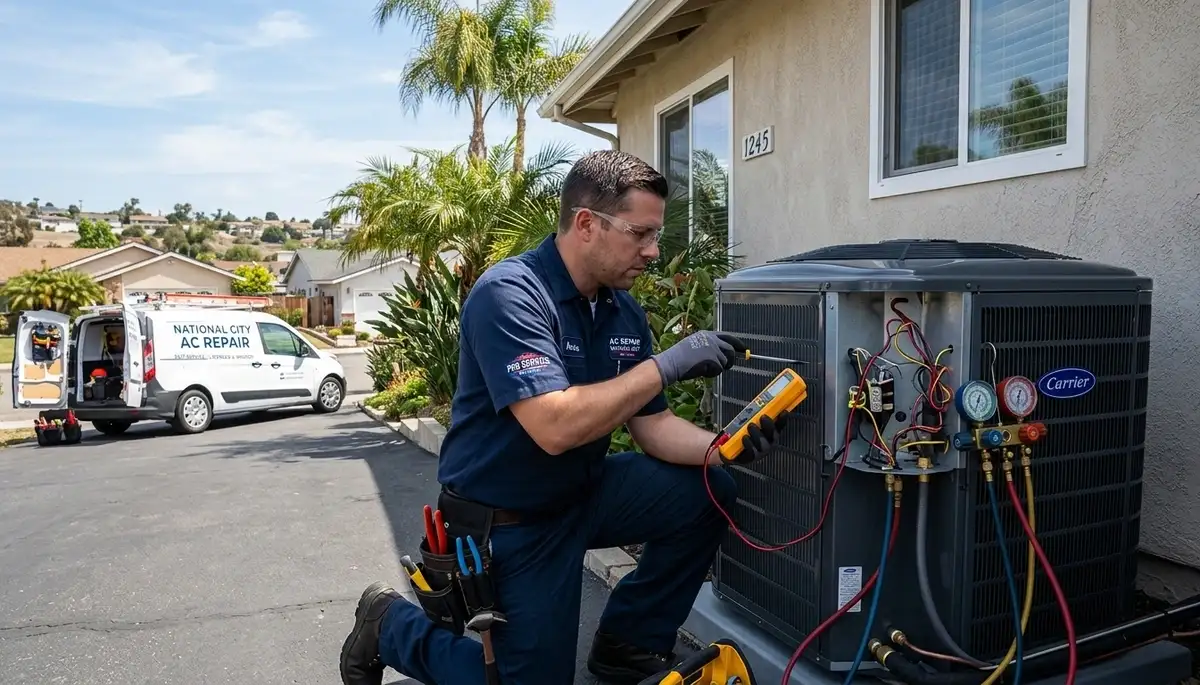 Professional AC repair technician servicing air conditioning unit in San Diego, CA