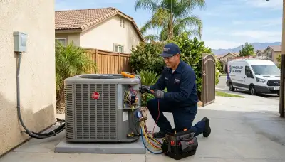 Professional AC repair technician servicing air conditioner unit in San Diego, CA