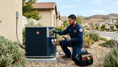 Professional AC repair technician servicing air conditioner unit in San Diego, CA
