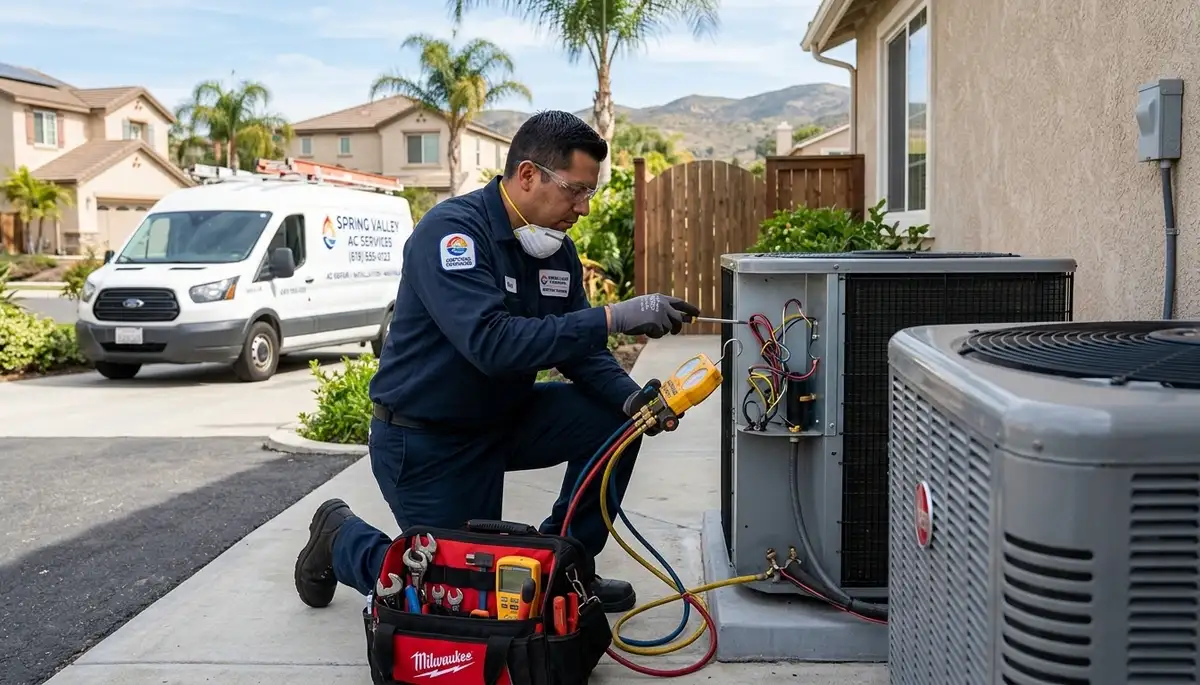 Professional AC repair technician servicing air conditioner in San Diego, CA