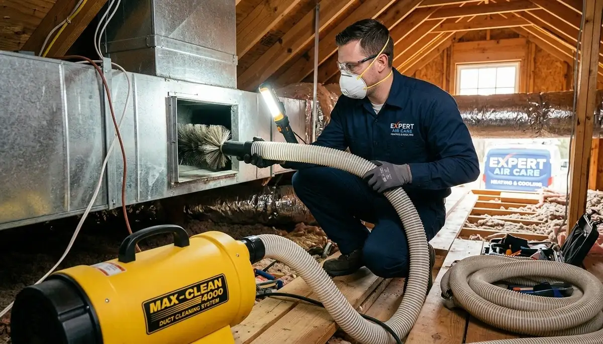 Technician performing air duct cleaning for residential HVAC system in San Diego, CA