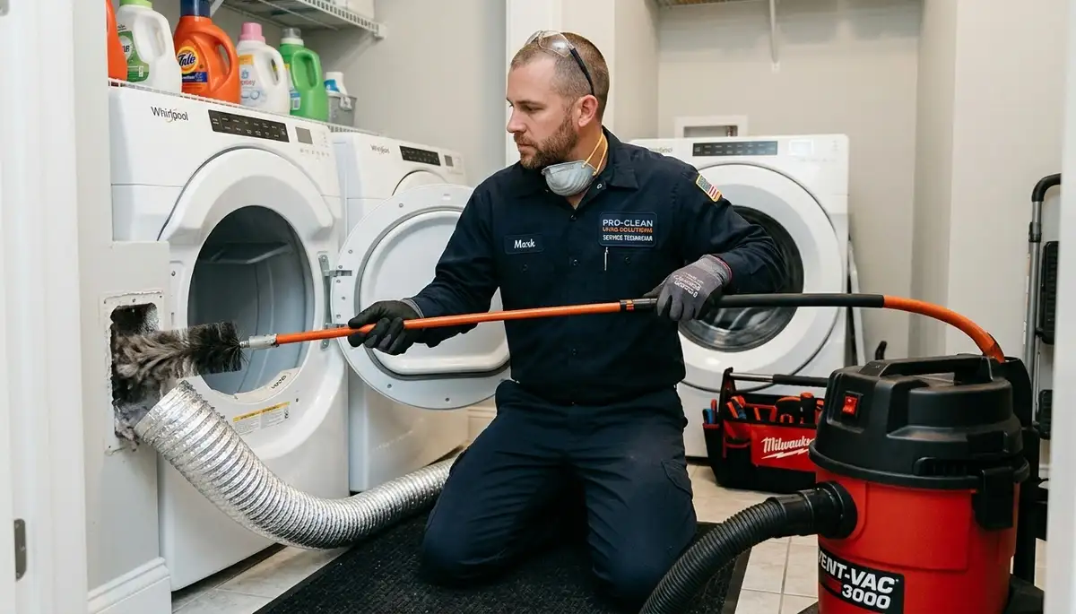 Technician cleaning dryer vent for Five Star Cooling in San Diego, CA to improve home safety