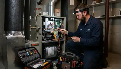 Technician performing heating repair on home furnace in San Diego, CA
