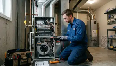 Technician performing heating repair on furnace in San Diego, CA home