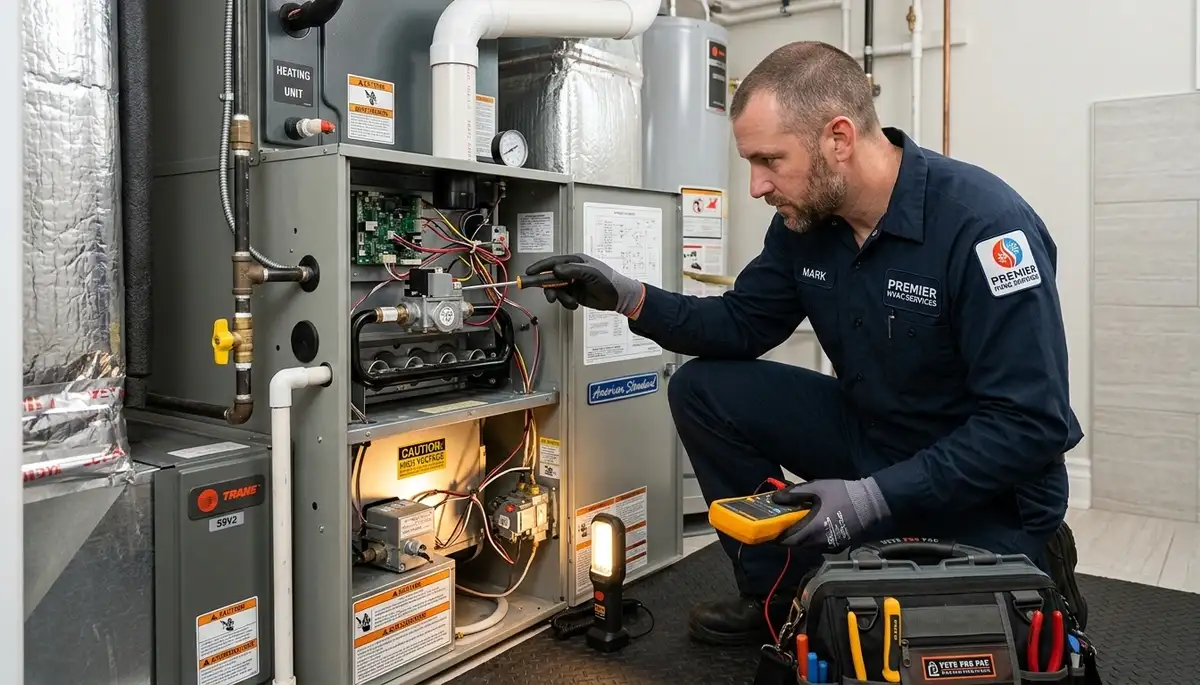 Technician performing heating repair on furnace unit in San Diego, CA home