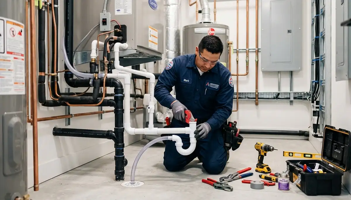 Technician repairing residential AC unit in San Diego, CA for Five Star Cooling plumbing services