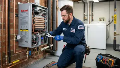 Technician repairing residential water heater in San Diego, CA for Five Star Cooling service page