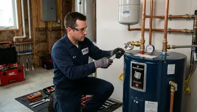 Technician repairing residential water heater in San Diego, CA for Five Star Cooling service page
