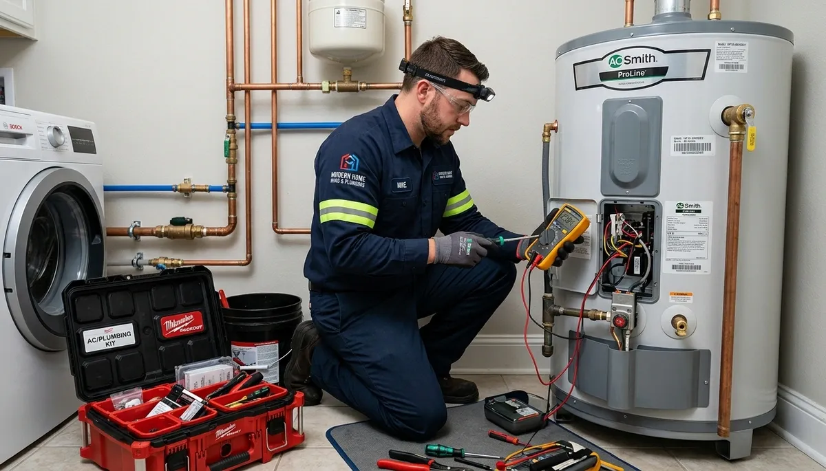 Technician repairing water heater unit in San Diego, CA home for Five Star Cooling service