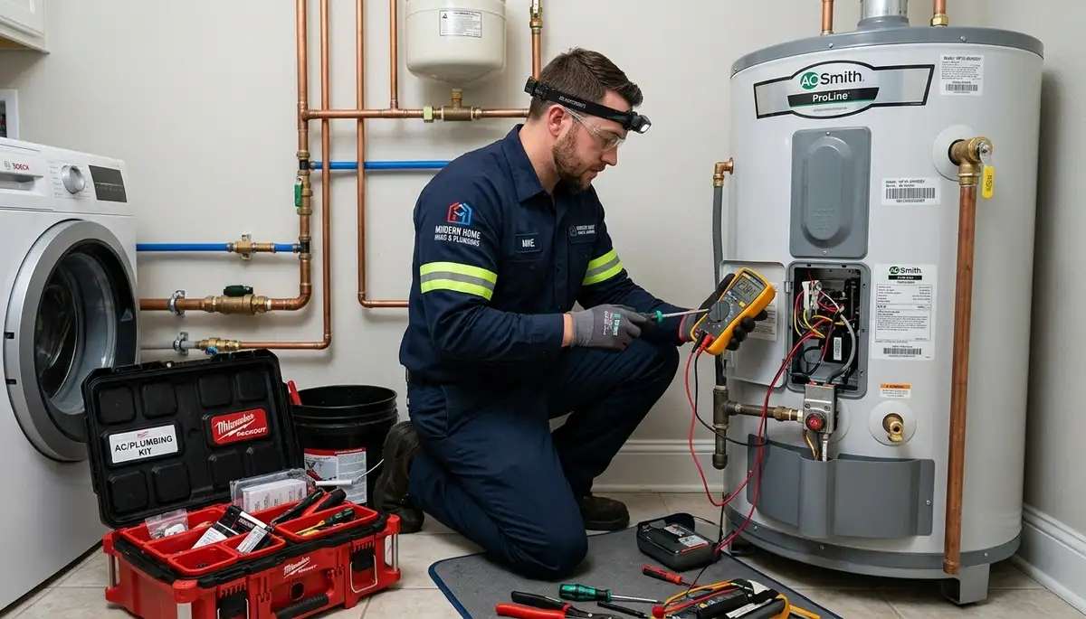 Technician repairing water heater unit in San Diego, CA home for Five Star Cooling service
